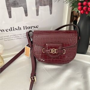Michael Kors Reed Croc-Embossed Design Small Saddle Crossbody Bag (Oxblood)